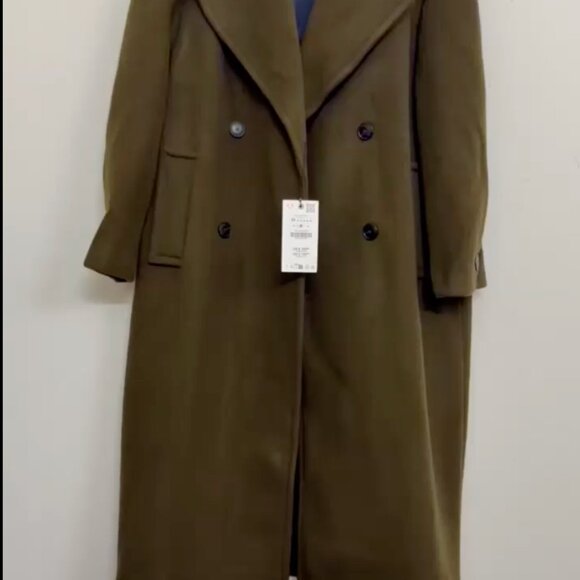 NWT Zara Monteco Wool Double-Breasted Long Coat with Gray Collar/ Olive Green M - Picture 2 of 16